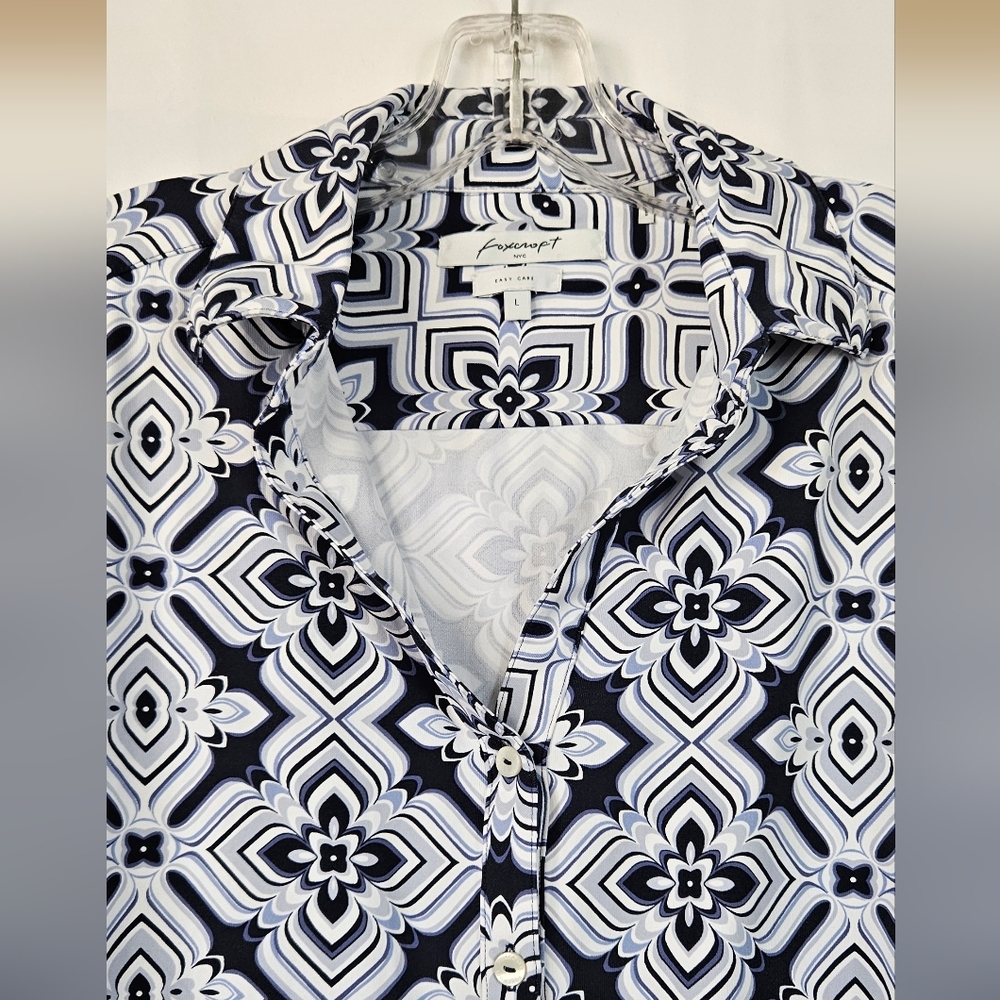 Foxcroft Mary Indigo geometric 3/4 sleeve blouse size large - Picture 2 of 9